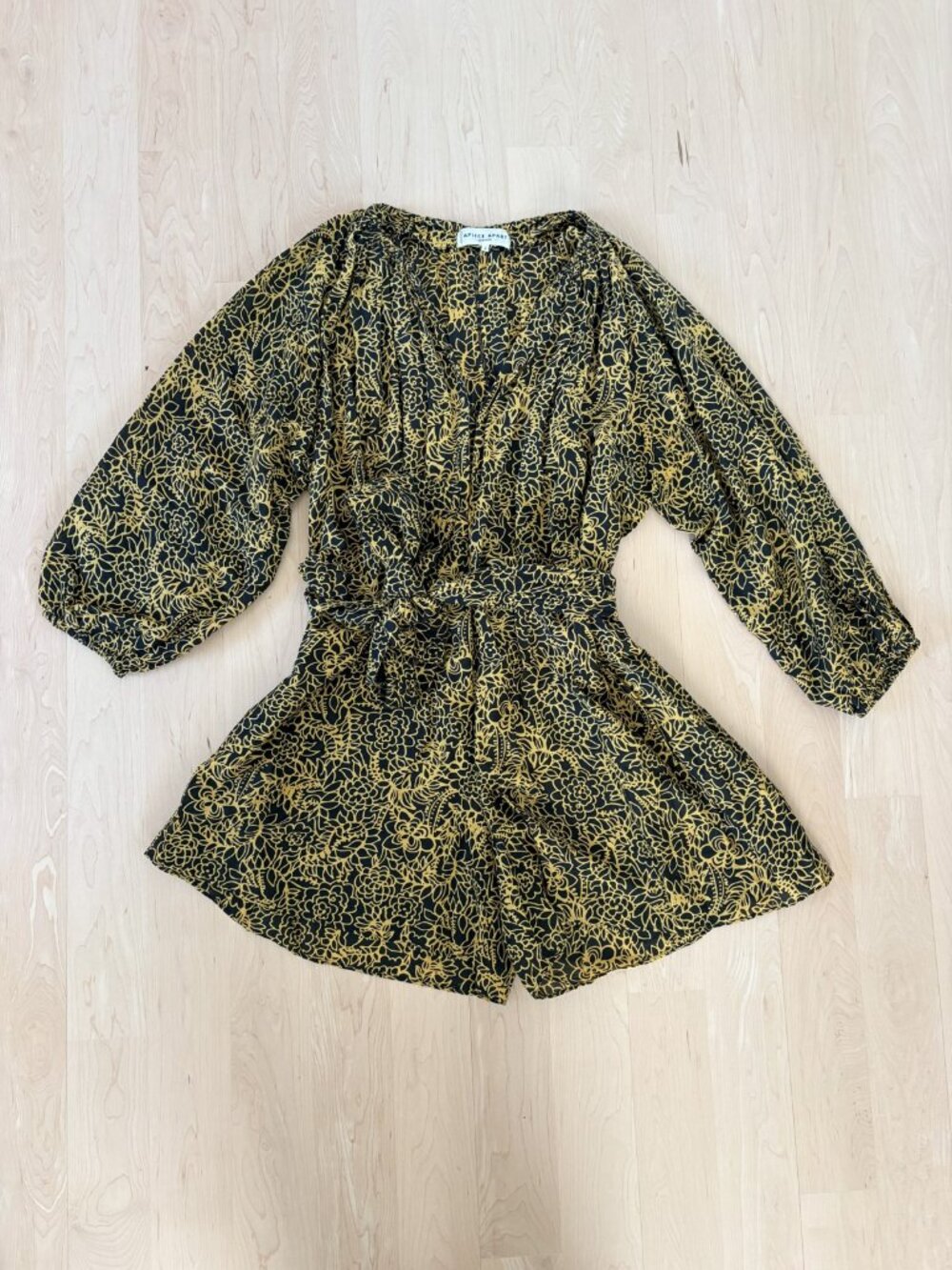 Apiece Apart Black Gold Floral Tie-Waist Romper